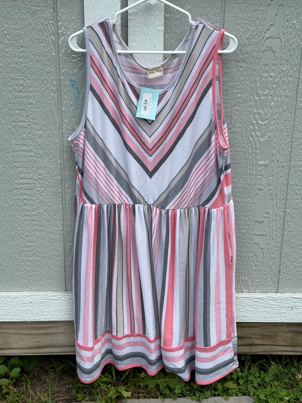 3XL - Lovely Melody Pink, Gray & White Striped Swing Dress